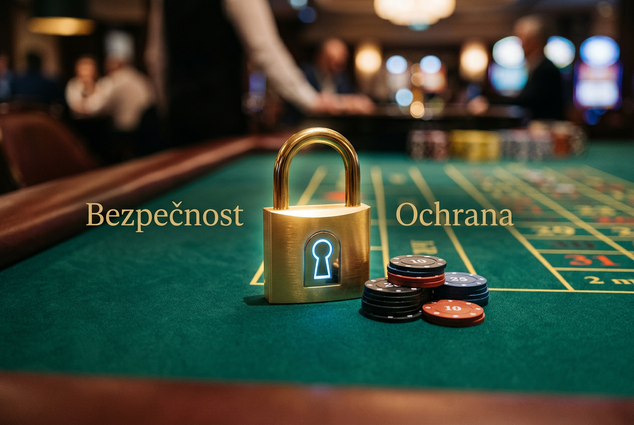 Detailní grafika s ikonou zámku, žetony a českým nápisem Bezpečnost a Ochrana